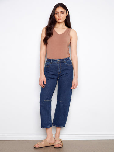 Denim jeans featuring a stylish barrel leg design, perfect for casual outings. Crafted with attention to detail by Charlie B.
