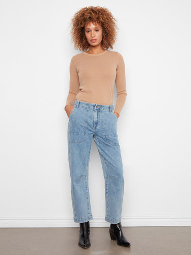 Barrel leg denim jeans in blue with stylish patch pockets and ankle length, offering a modern twist by Charlie B.