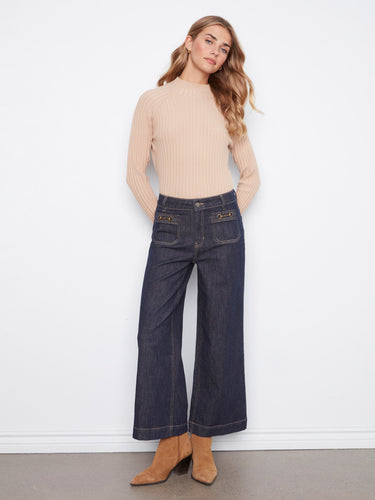 Deep blue jeans featuring a comfortable stretch denim fabric and chic horsebit detail on pockets by Charlie B.