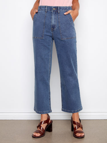 Chic cropped length denim pants crafted from stretch fabric, offering comfort and style in one versatile piece by Charlie B.