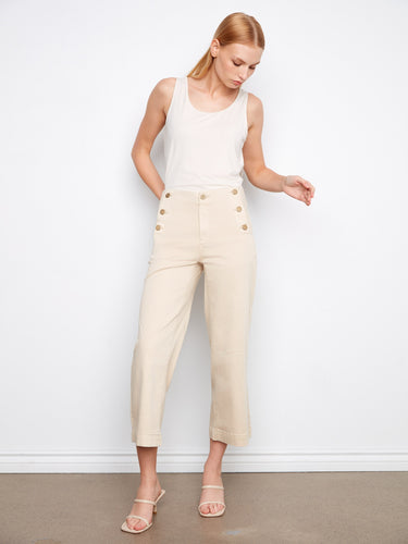 Crafted from stretch twill fabric, these beige cropped pants offer comfort and chic style by Charlie B.