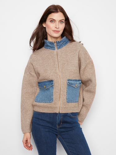Heather sand sweater jacket with denim patch pockets and long sleeves, perfect for a casual look by Charlie B.