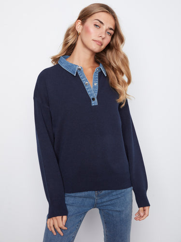Navy sweater featuring a classic denim shirt collar, perfect for a casual yet polished look. Crafted with attention to detail by Charlie B.