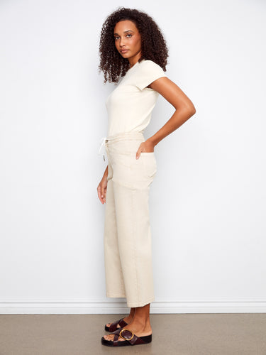 Comfortable beige wide-leg pants in stretch twill fabric, designed for everyday wear by Charlie B.