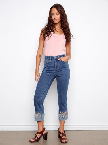 Embroidered cuff jeans in blue with a straight leg cut, offering a chic look by Charlie B.