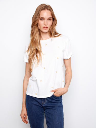 White T-shirt featuring a classic crew neckline and delicate embroidered hearts for a charming touch by Charlie B.