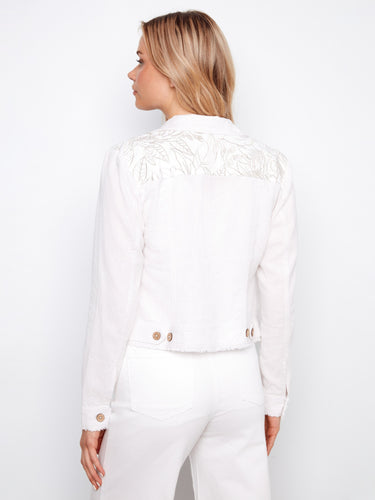Embrace the delicate embroidered detail on this linen blend jacket, complete with button accents and stylish design by Charlie B.