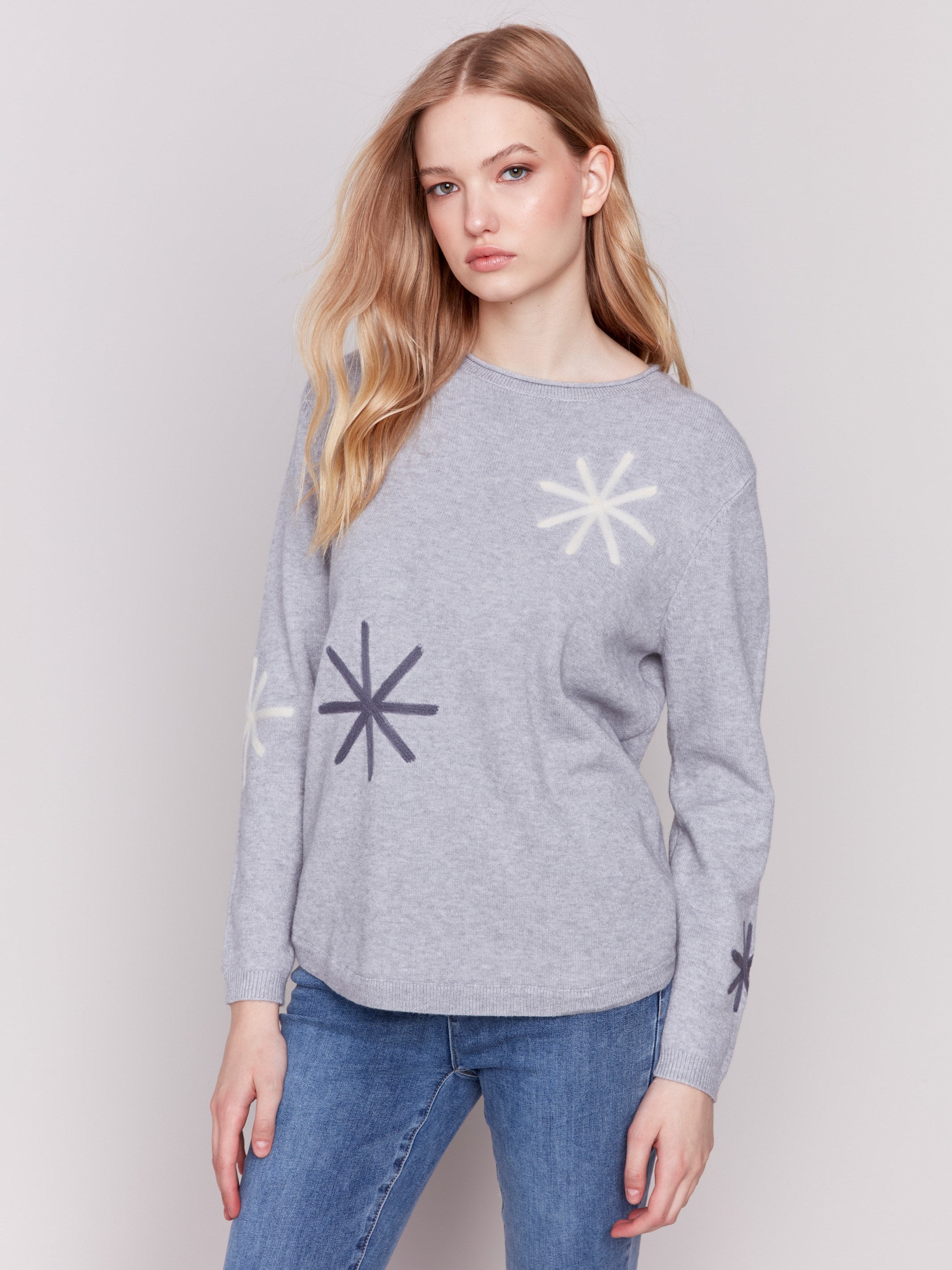 Women s Embroidered Snowflake Sweater H Light Grey Charlie B CA