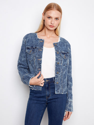 Medium blue denim jacket with eyelet details and frayed hem, featuring a stylish button front closure by Charlie B.