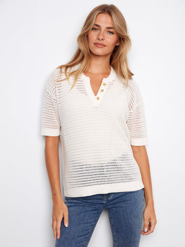 White crochet top with a stylish notch neckline and elbow sleeves, featuring a chic placket detail by Charlie B.