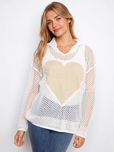 White fishnet hoodie sweater with long sleeves and a gold heart design by Charlie B.