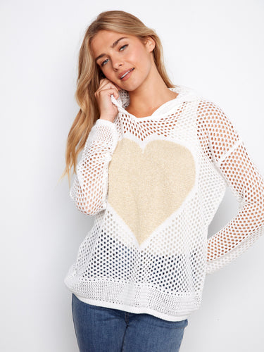 Stylish white fishnet hoodie with a charming gold heart and long sleeves by Charlie B.