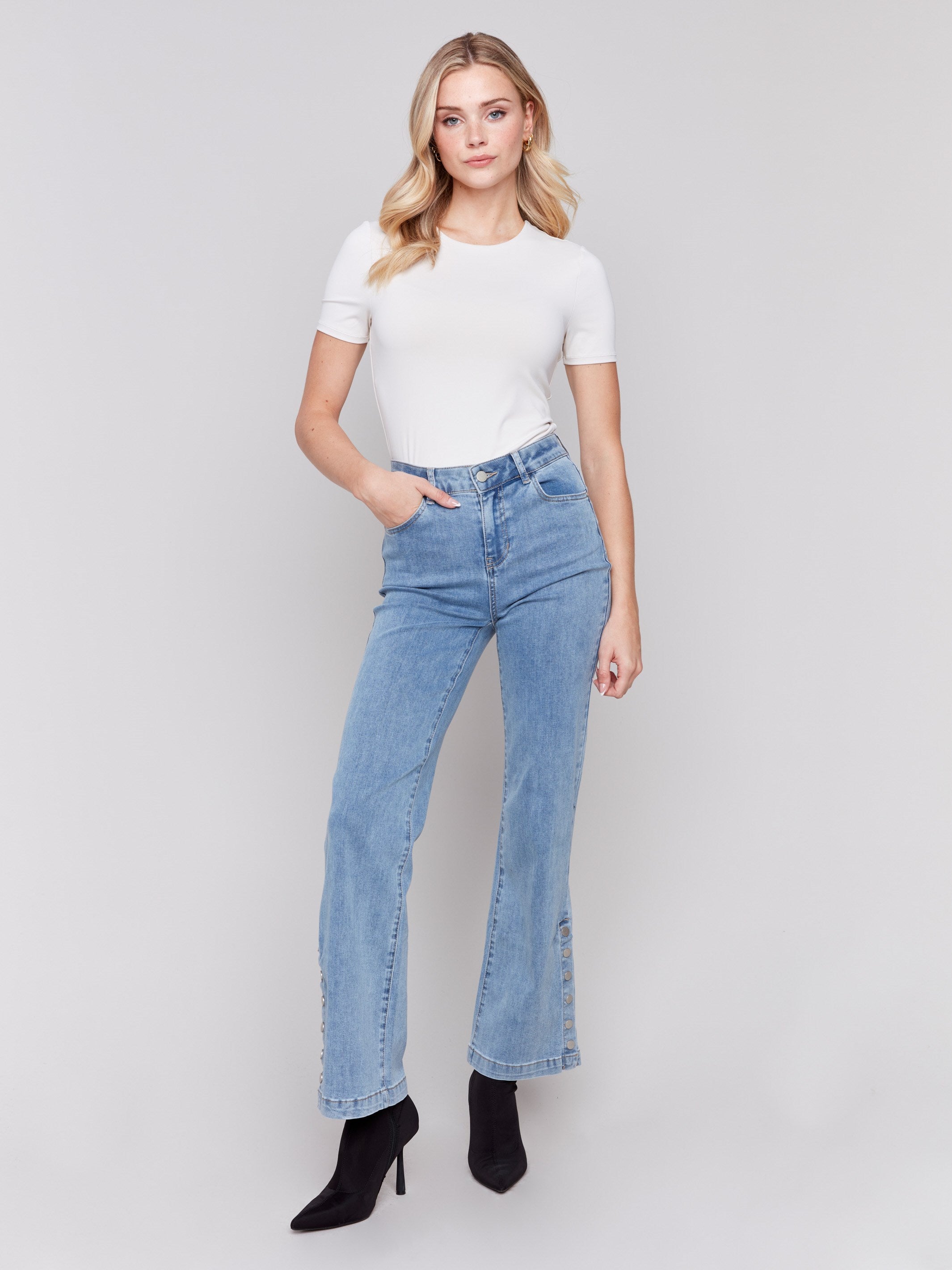 Flare Leg Jean with Bottom Side Buttons Light Blue 14