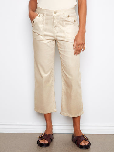 Natural stretch twill pants with a foiled finish and cropped straight leg design, perfect for versatile styling by Charlie B.