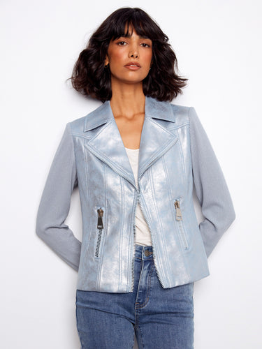 Light blue jacket crafted from foiled faux leather with chic faux pockets and rib knit sleeves by Charlie B.