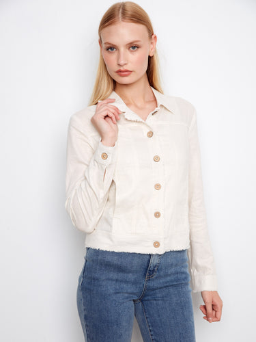 Linen blend jacket with front pockets and button closure, showcasing a chic champagne foil print. Designed by Charlie B.