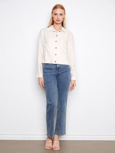 Featuring a foiled effect, this linen blend jacket offers frayed edges and a stylish short length. Crafted by Charlie B.