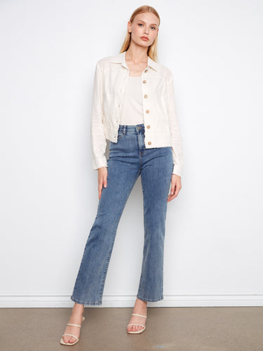 This jacket boasts front button closure and a trendy foiled effect in champagne linen blend fabric. Created by Charlie B.