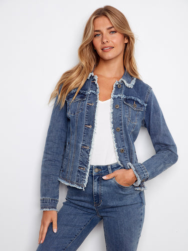 Denim jacket featuring stylish frayed edges for a trendy look, perfect for casual outings. By Charlie B.