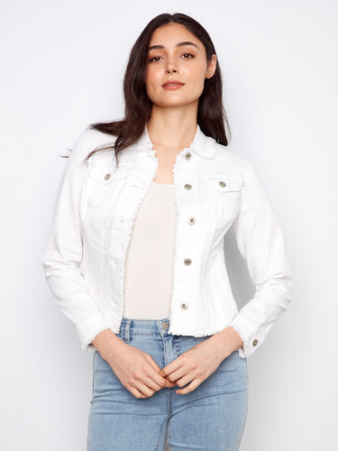 Featuring two front patch pockets, this white jean jacket adds flair to any outfit by Charlie B.