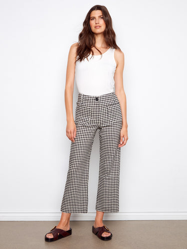 Gingham wide-leg cropped pants featuring a stretch linen blend for added comfort by Charlie B.