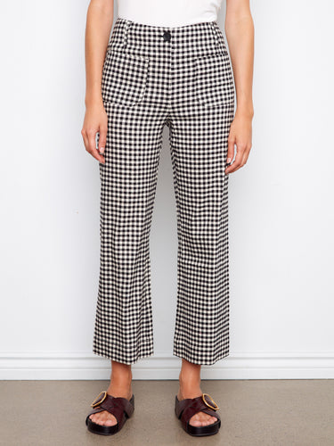These black and white gingham pants offer a regular rise and stylish patch pockets by Charlie B.