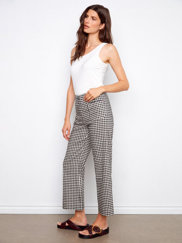 Cropped wide-leg design in gingham pattern, crafted from a comfortable stretch linen blend by Charlie B.