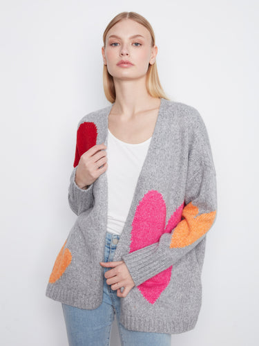 Chic heather-grey cardigan with bold heart patterns, offering a comfortable fit and drop shoulders for effortless style by Charlie B.