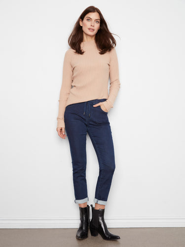 Blue Black knit denim jogger pants featuring a slim fit and elastic waistband by Charlie B.