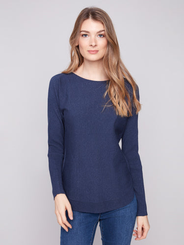 Elegant heather denim sweater featuring a stylish boat neck and ribbed long sleeves, perfect for any occasion by Charlie B.
