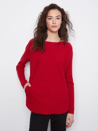 Red sweater featuring a stylish boat neck, offering a chic and modern look. Perfect for any casual outing by Charlie B.
