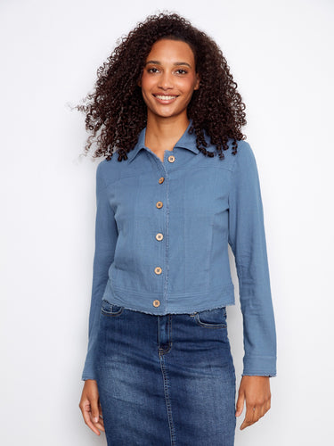 Trendy jacket featuring frayed edges for a modern touch. Ideal for adding flair to any outfit effortlessly. By Charlie B.