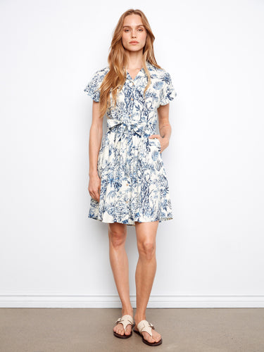 Linen-blend dress featuring a classic shirt collar and blue floral print, complete with short sleeves by Charlie B.
