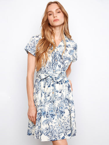 Embroidered cotton dress in blue and white with self-tie waist detail for a flattering fit by Charlie B.