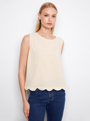 Ivory sleeveless top with a loose fit and scalloped hem, perfect for a casual look by Charlie B.