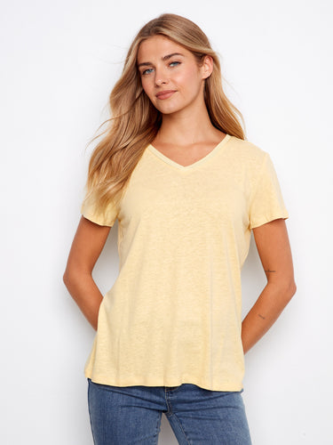 Soft yellow T-shirt with a flattering V-neckline, perfect for casual outings. Designed by Charlie B.