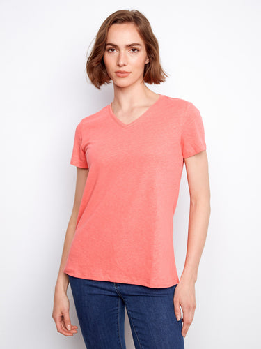 Coral V-neck shirt with a relaxed fit, perfect for casual wear by Charlie B.