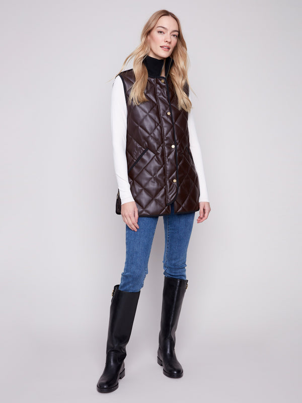 Mocha-colored quilted faux leather vest featuring a rib knit neck and snap button front closure by Charlie B.