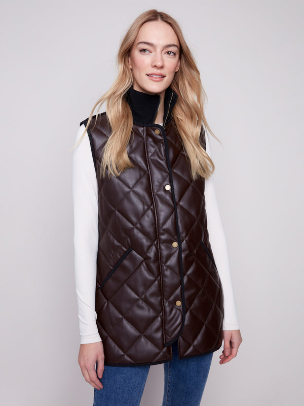 Quilted faux leather vest in mocha with convenient welt pockets and stylish snap button front by Charlie B.