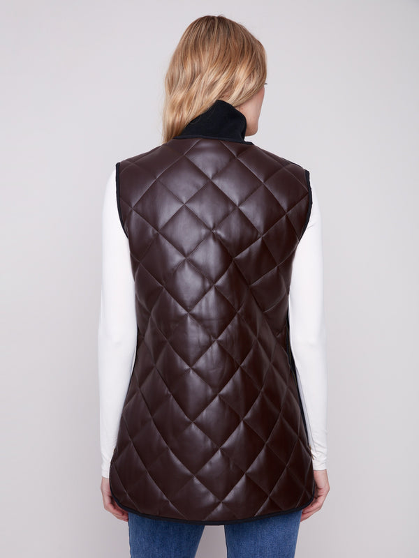 Stylish mocha faux leather vest showcasing a rib knit neck and hip-length design by Charlie B.
