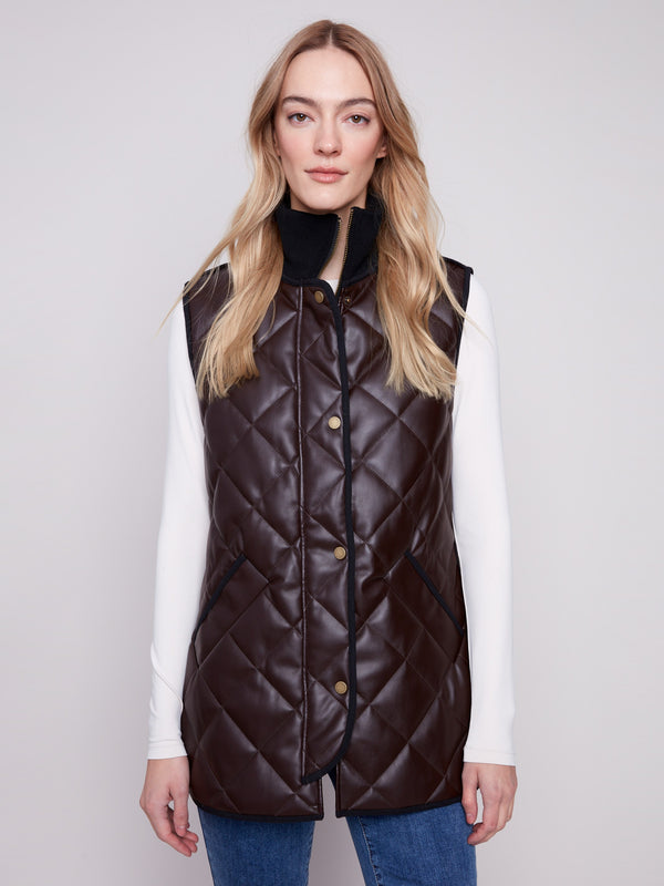 Long Quilted Faux Leather Vest - Mocha