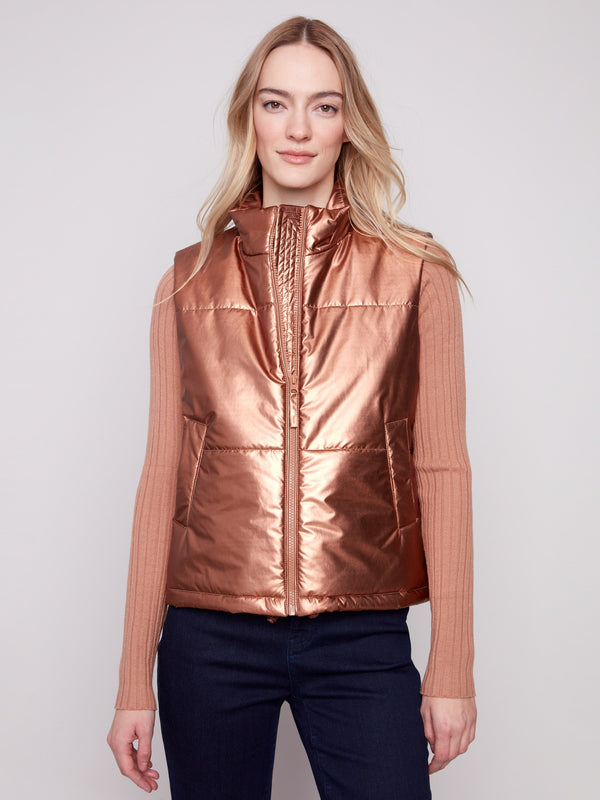 Copper metallic vest featuring two side pockets for added convenience by Charlie B.