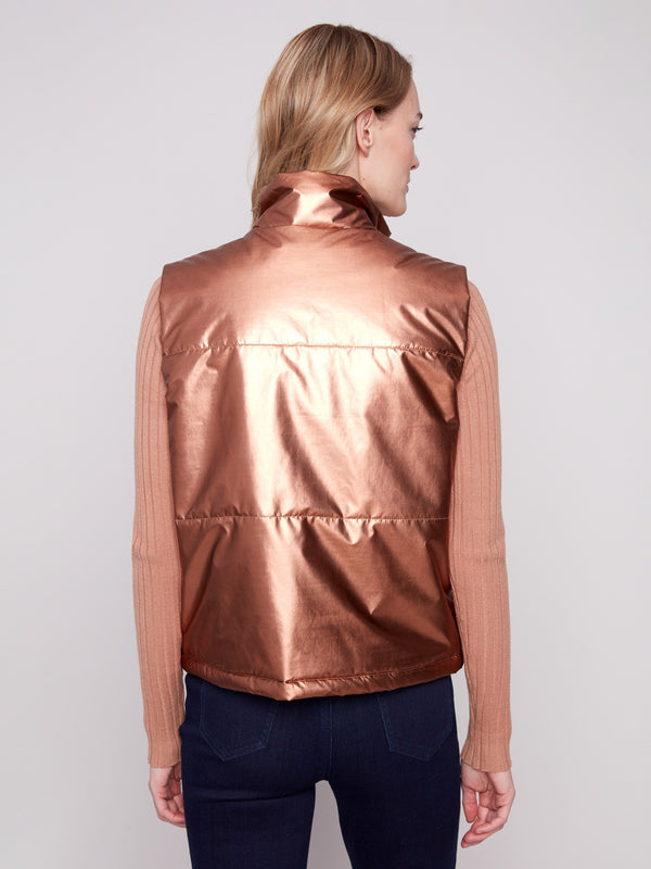 Chic metallic copper vest showcasing a sleek high collar design by Charlie B.