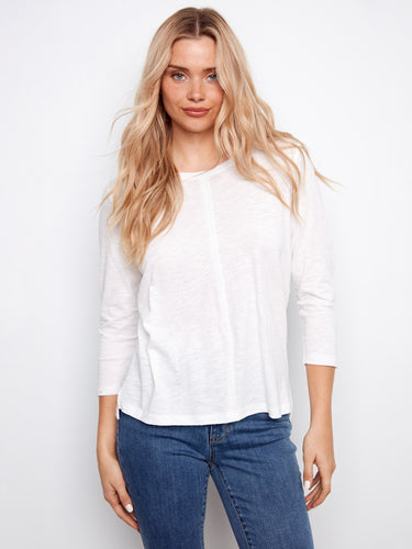 White top with 3/4 sleeves and a stylish front seam detail, crafted from organic cotton, by Charlie B.