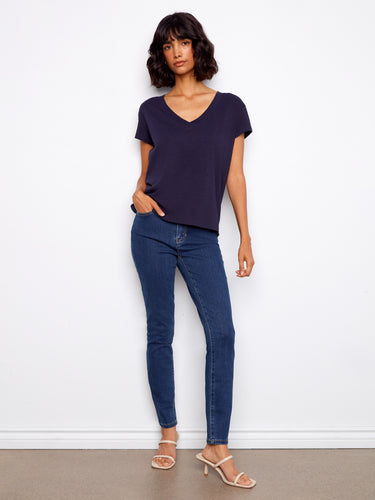 Crafted in breathable lightweight cotton, this navy T-shirt offers a comfortable fit with its classic V-neckline. By Charlie B.