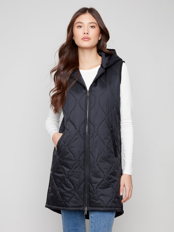 Elegant black vest featuring a stylish hooded design and pearlized finish by Charlie B.
