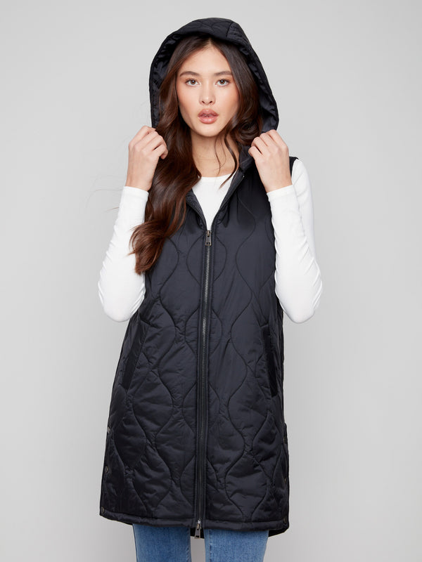 Chic black vest with side snap buttons and cozy hood for added style by Charlie B.