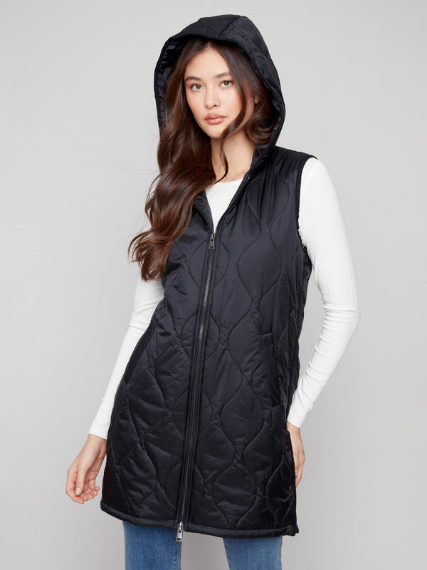 Sophisticated black quilted vest with comfortable zipper front closure by Charlie B.
