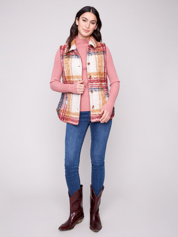 Plaid boucle knit vest in cabernet with a spread collar and button detailing for a chic look by Charlie B.