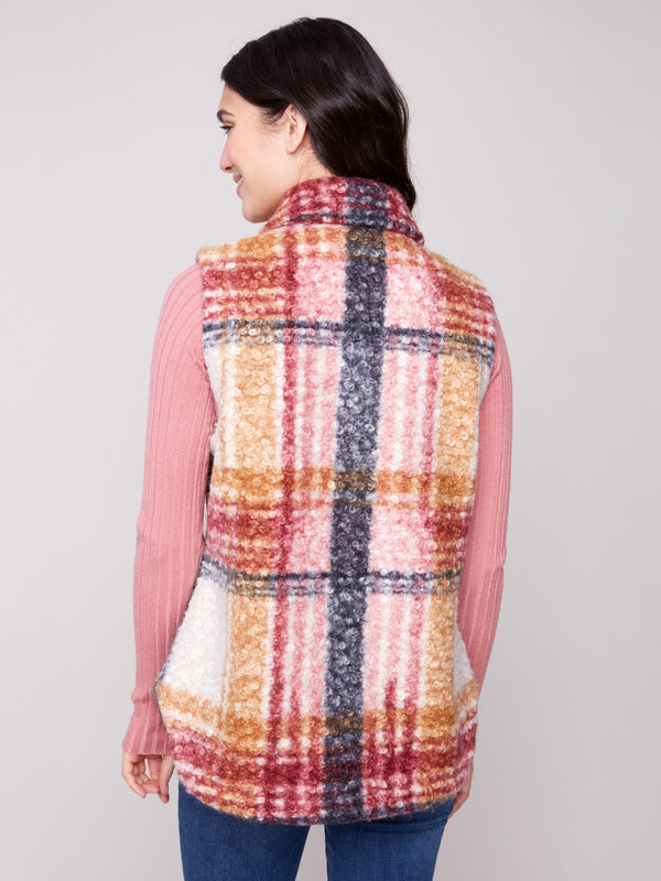 Crafted from boucle knit fabric, this plaid vest in cabernet adds texture and warmth to any outfit by Charlie B.